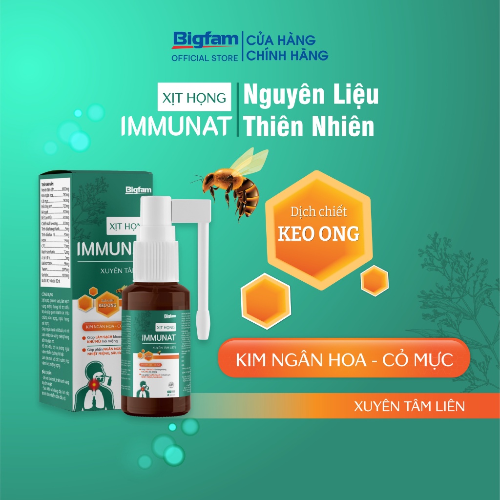 Xịt họng keo ong IMMUNAT Bigfam hỗ trợ giảm ho an toàn cho trẻ nhỏ và phụ nữ mang thai 30ml