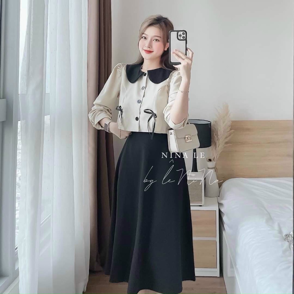Set váy công sở nữ kèm áo tay dài phối bèo, cổ cài nút thật freesize 46-55kg, vải cotton lạnh
