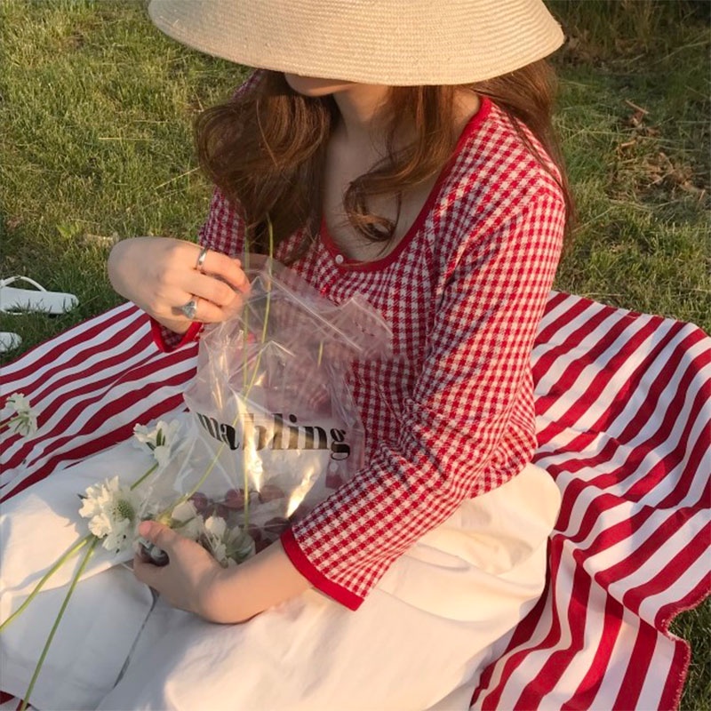 Áo Sơ Mi Tay Dài Dệt Kim Họa Tiết Kẻ Sọc Thời Trang Hàn Quốc Cho Nữ