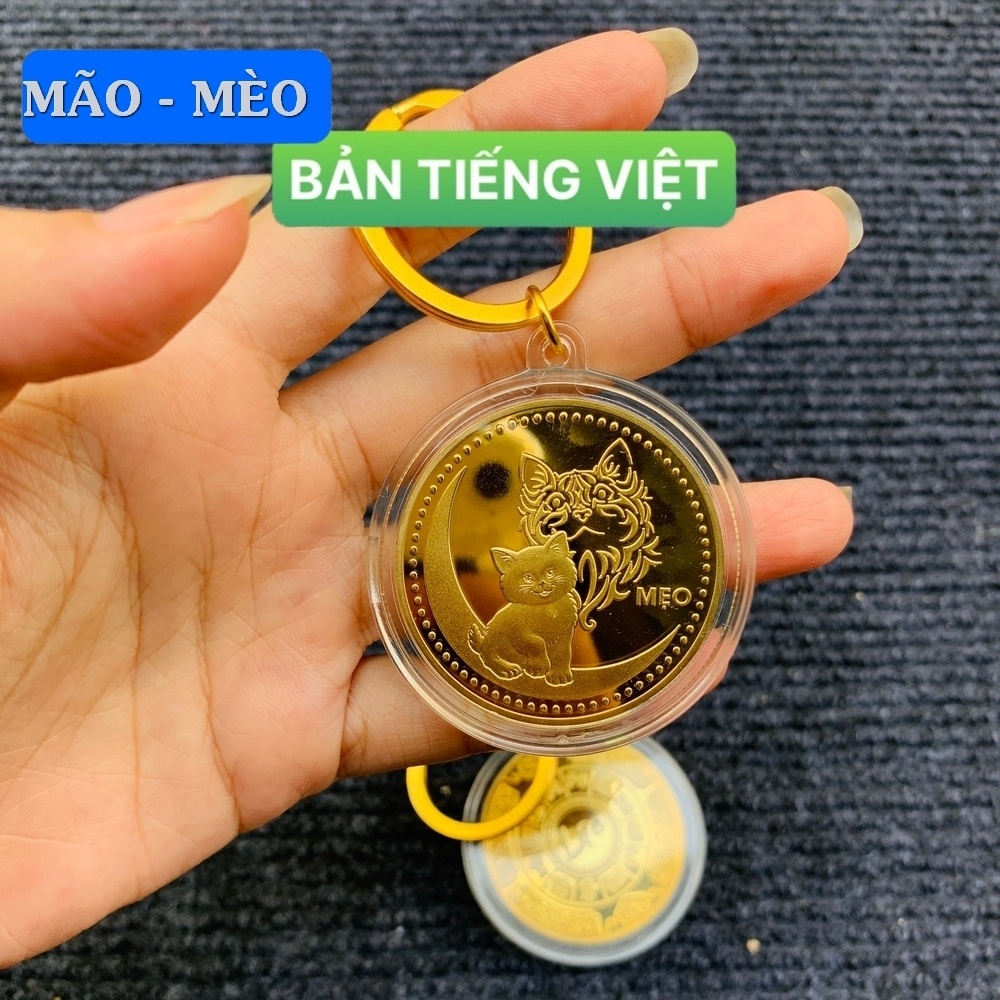 Móc Khóa Đồng Xu 12 Con Giáp Mạ Vàng Treo Oto, Xe Máy Phong Thủy [BẢN TIẾNG VIỆT]