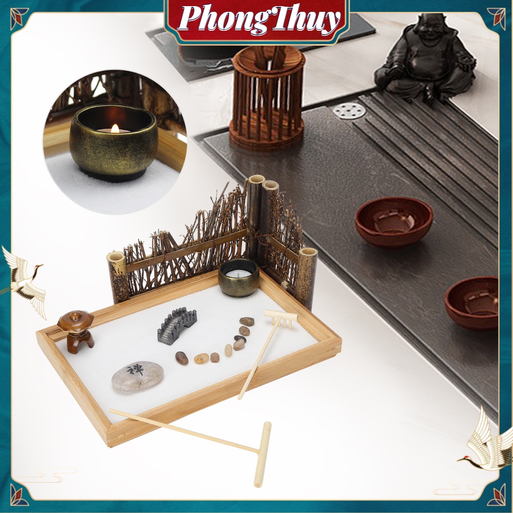 Bàn cát Zen Garden Khay tre - Khu vườn mini để bàn Trang trí Văn phòng Phòng khách Quà tặng【PhongThuy】