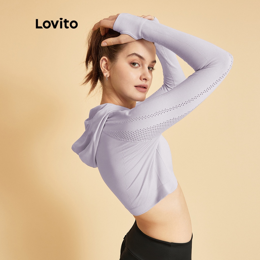 Lovito Chống đổ mồ hôi Huấn luyện bơi lội Đi bộ đường dài liền mạch Mũ trùm đầu thể thao nữ Áo phông thể thao L34AD010 (Tím / Đen)