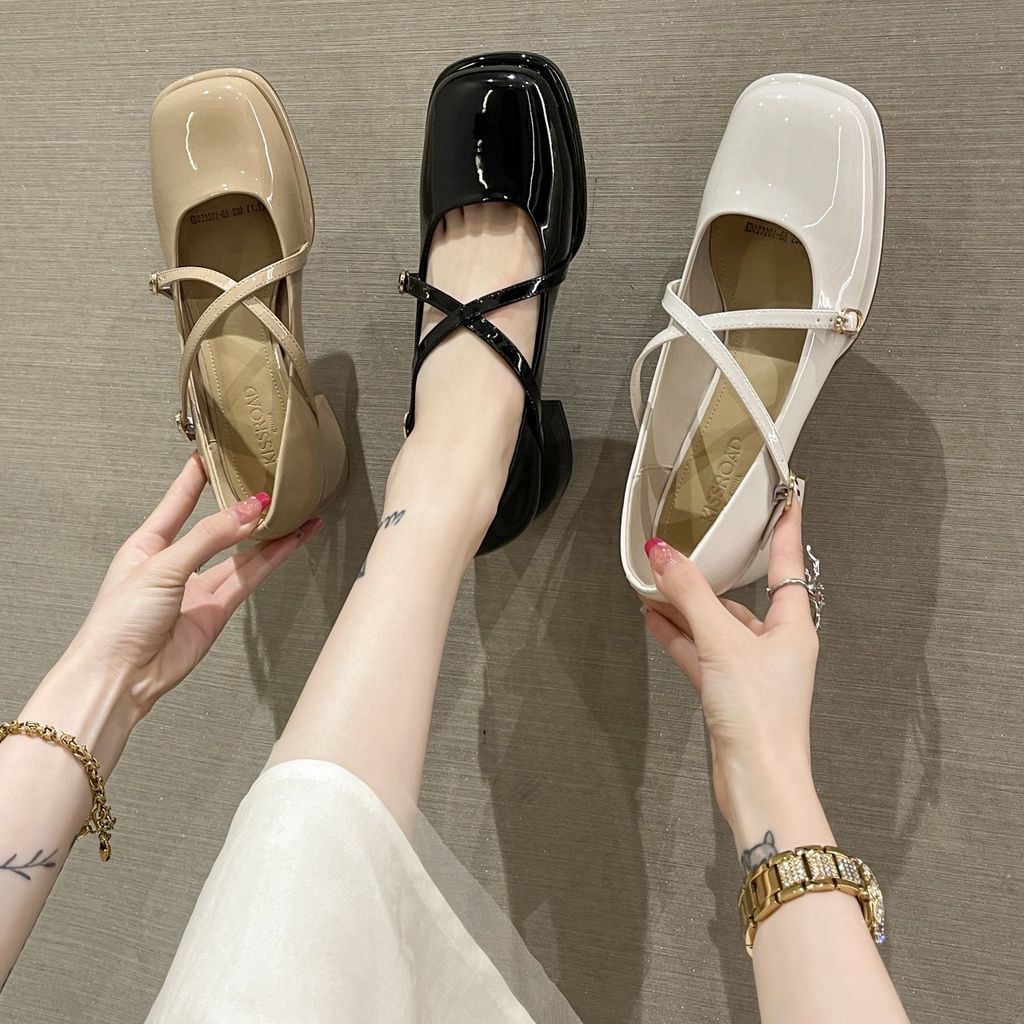 Giày nữ Lolita gót vuông cao 5 phân mũi tròn trơn quai chéo hàng Hồng Kông cao cấp full box- Mã BQ0025