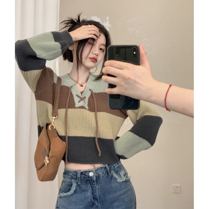 Áo Dệt Kim Tay Dài Cổ Chữ V Màu Trơn Dáng Ôm Họa Tiết Kẻ Sọc Thời Trang Hàn Quốc 2023 Cho Nữ
