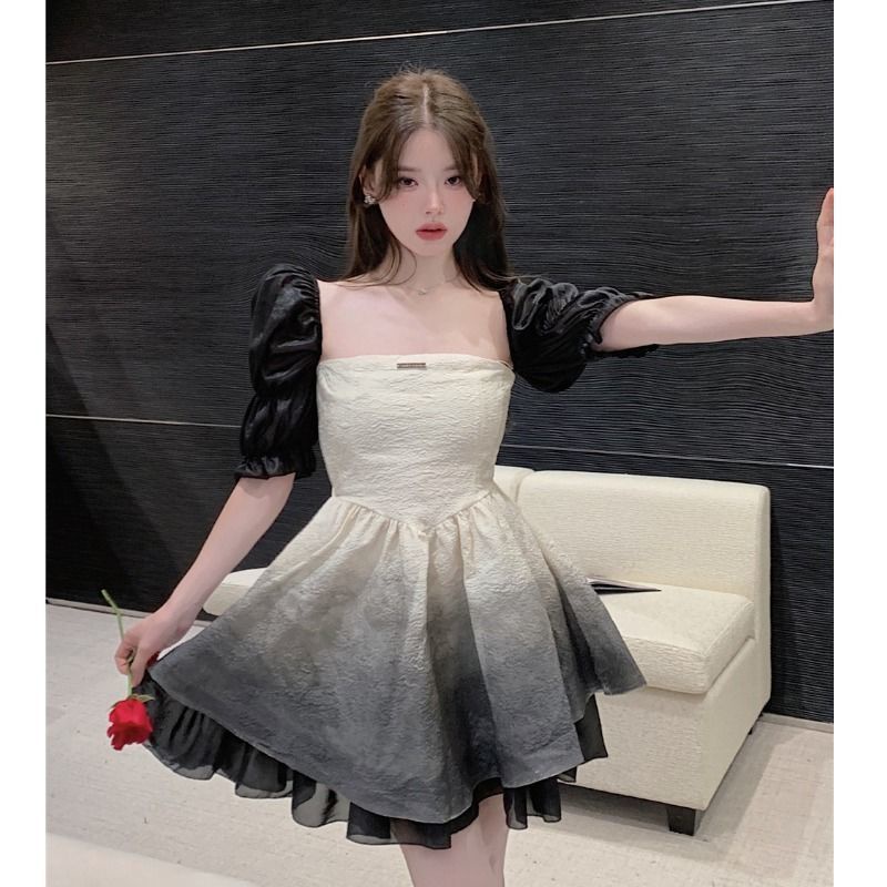 Đầm Tay Phồng Cổ Vuông Màu Đen / Xám Phong Cách Hàn Quốc Thời Trang Mùa Hè Xinh Xắn Cho Nữ