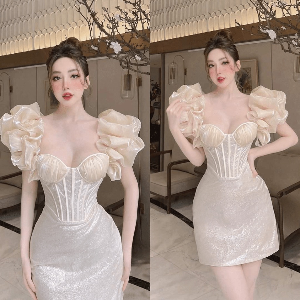 GIẢM GIÁ CUỐI NĂM -ĐẦM TAPTA KIM TUYẾN PHỐI TƠ TAY BÈO CÚP NGỰC ÔM EO DÁNG ÔM CỰC QUYẾN RŨ XINH ĐẸP ĐI CHƠI DỰ TIỆC UP S