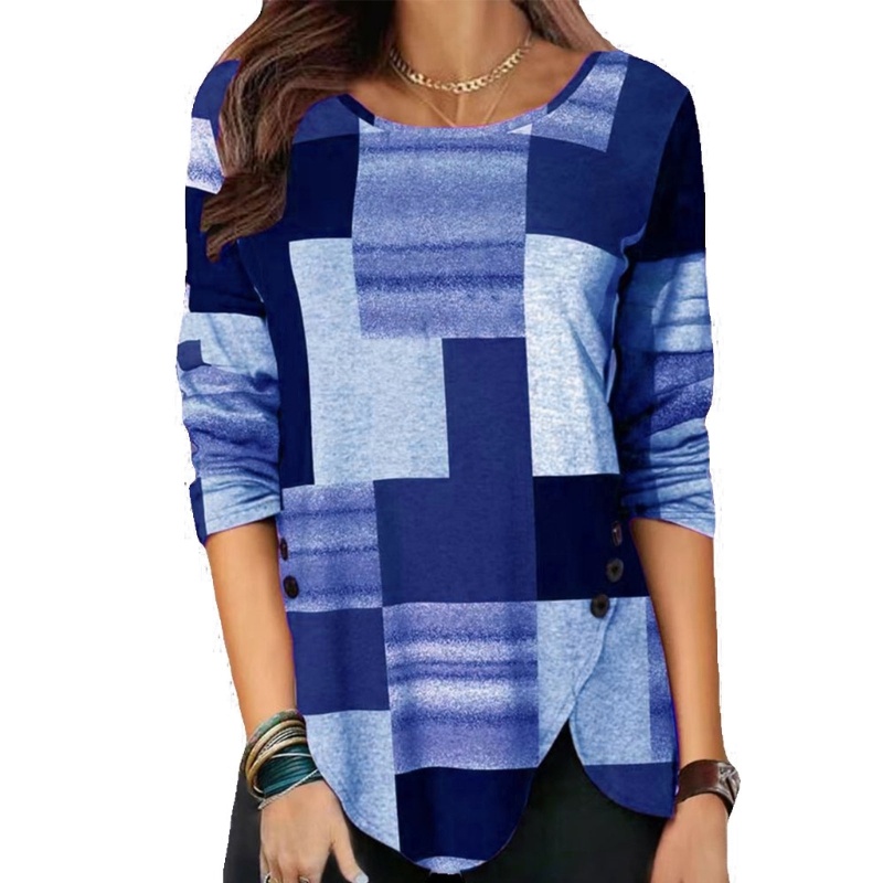 Xiangbao Áo Thun Tay Dài Cổ Tròn Màu Khối Xẻ Tà Viền Nút Bên Hông Kẻ Sọc Caro Đơn Giản Cho Nữ