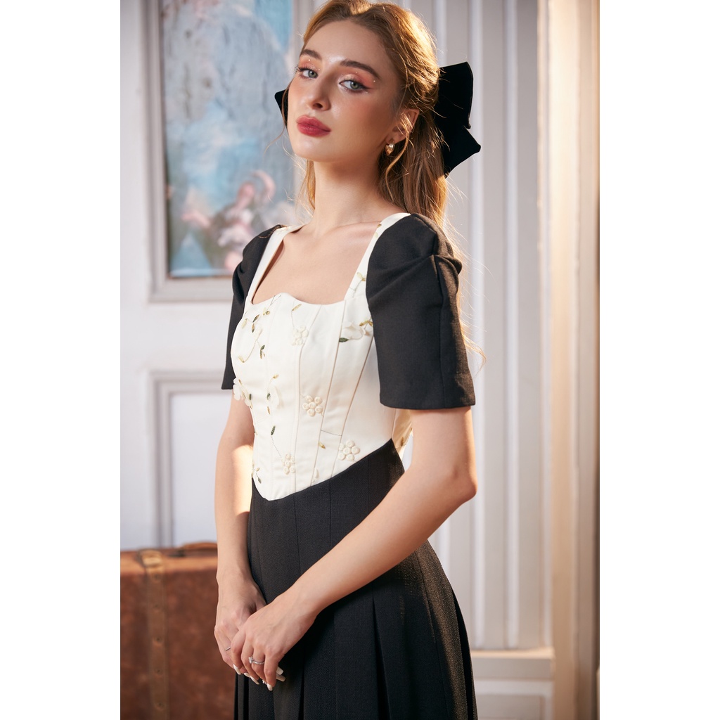 CHICHI - Váy tex sồi Nga phối lưới thêu hoa corset Robe Légende