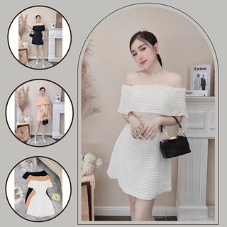Đầm nữ trễ vai dáng xòe sang chảnh dự tiệc chất liệu xô 3 màu y hình
