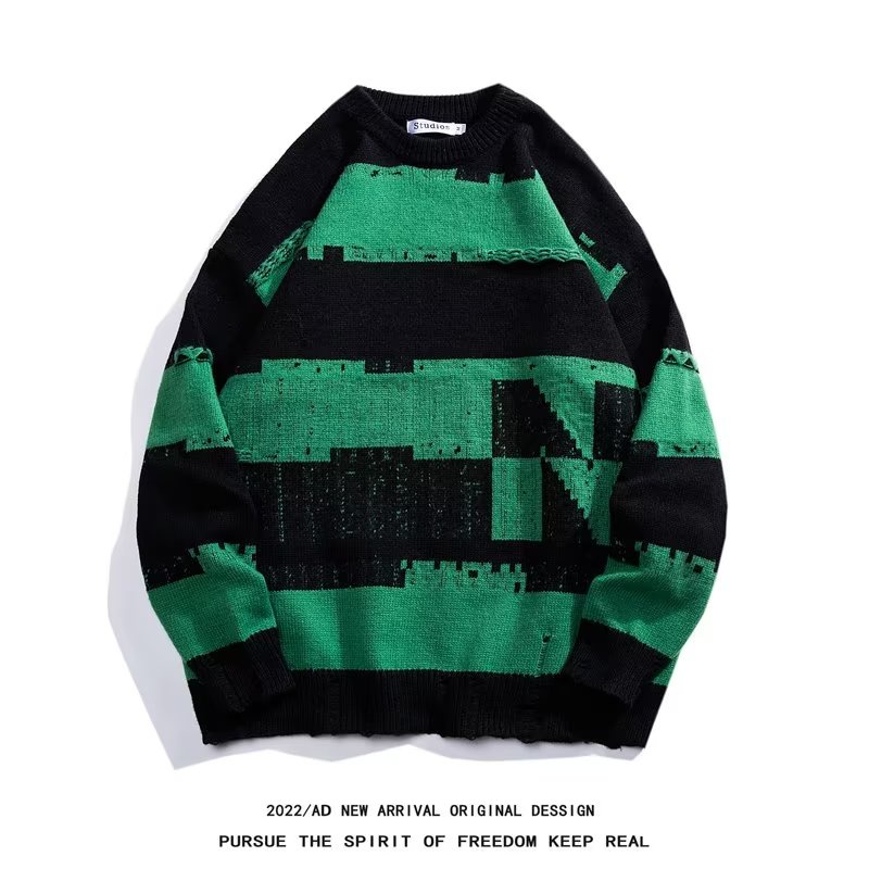 Hattongutto COD OOTD Áo sweater Dệt Kim Chui Đầu Cổ Tròn Phối Màu Kiểu Hình Học Vintage Thoải Mái Thời Trang Thường Ngày Cho Cặp Đôi