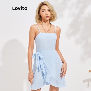 1221de-Đầm Lovito xếp nếp tôn dáng phối dây thắt màu trơn phong cách vintage L16D036 (Màu xanh dương)