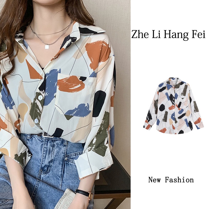 ZHELIHANGFEI Áo Sơ Mi Tay Dài Dáng Rộng In Họa Tiết Độc Đáo Thời Trang Mùa Thu Cho Nữ