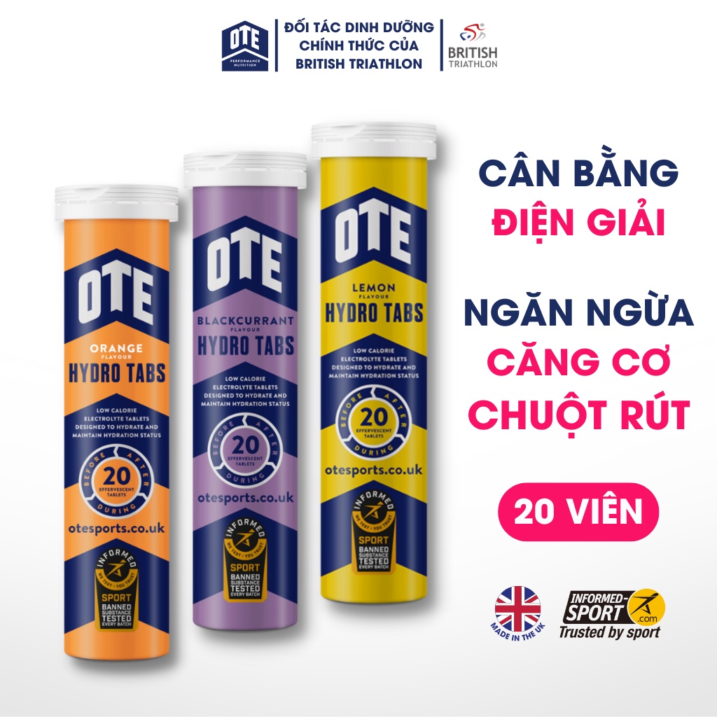 Sủi điện giải OTE Hydro Tabs dùng cho Thể Thao, hỗ trợ bù nước, điện giải, Cân Bằng Năng Lượng (Ống 20 Viên)