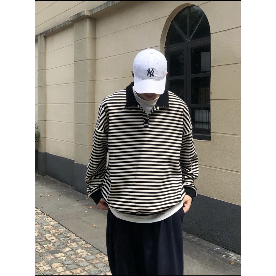 Áo thun Tay dài Sweater Cổ trụ sọc ngang CVC - Giá sỉ Unisex