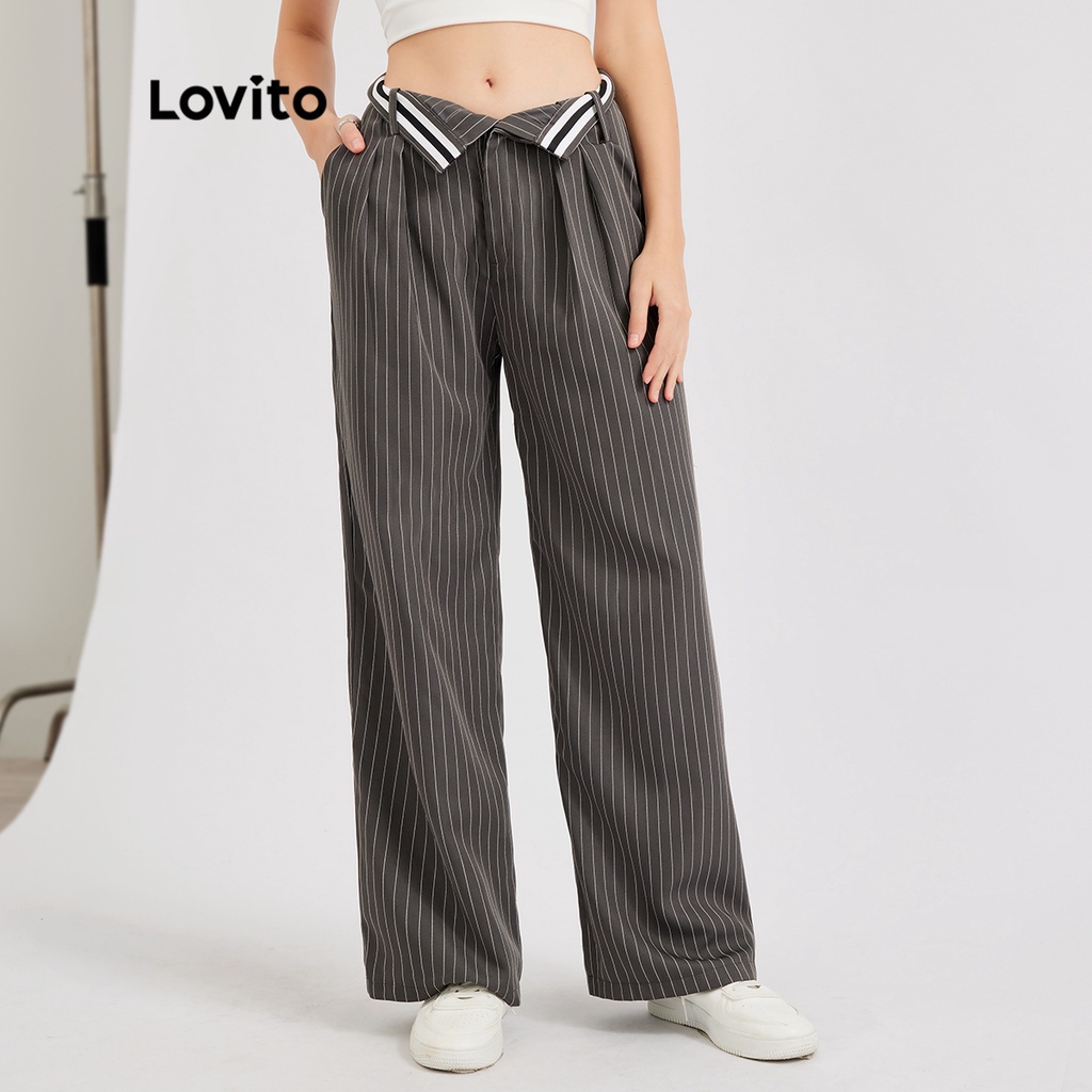 113XJ Lovito Thắt lưng sọc giản dị Thắt lưng gấp tương phản Ràng buộc Kết cấu Quần L30ED058 (Xám đậm)