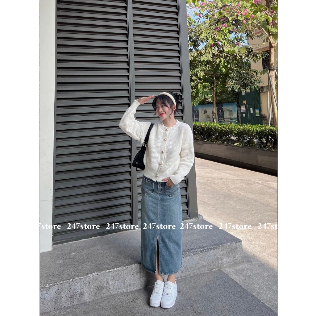 Áo len cardigan trơn form rộng cúc đồng mã Cardigankhuyvang6655_P13k24