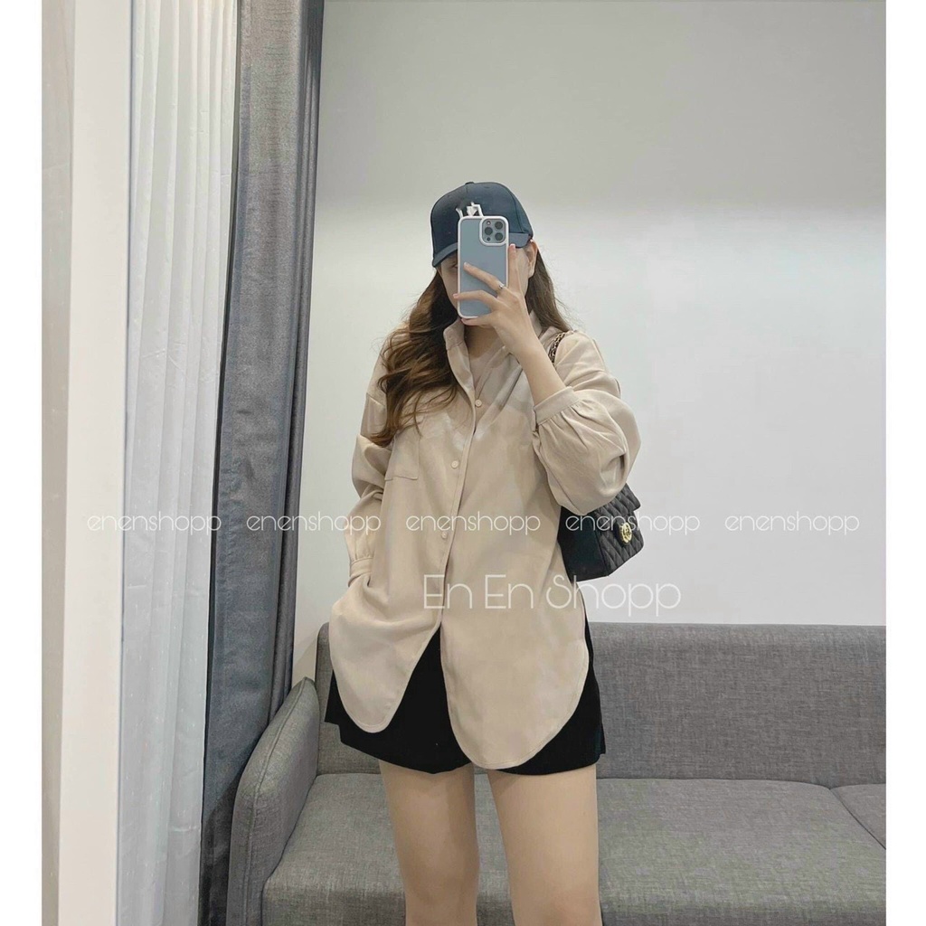 Áo sơ mi trơn phom rộng Quảng Châu Basic tay dài vạt bầu nẹp viền NXBoutique vải thô mềm L02