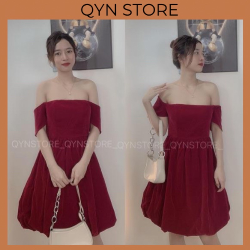 ĐẦM NHUNG ĐỎ TAY TIÊN RỚT VAI BỒNG BÍ [Ảnh thật QYNSTORE ]