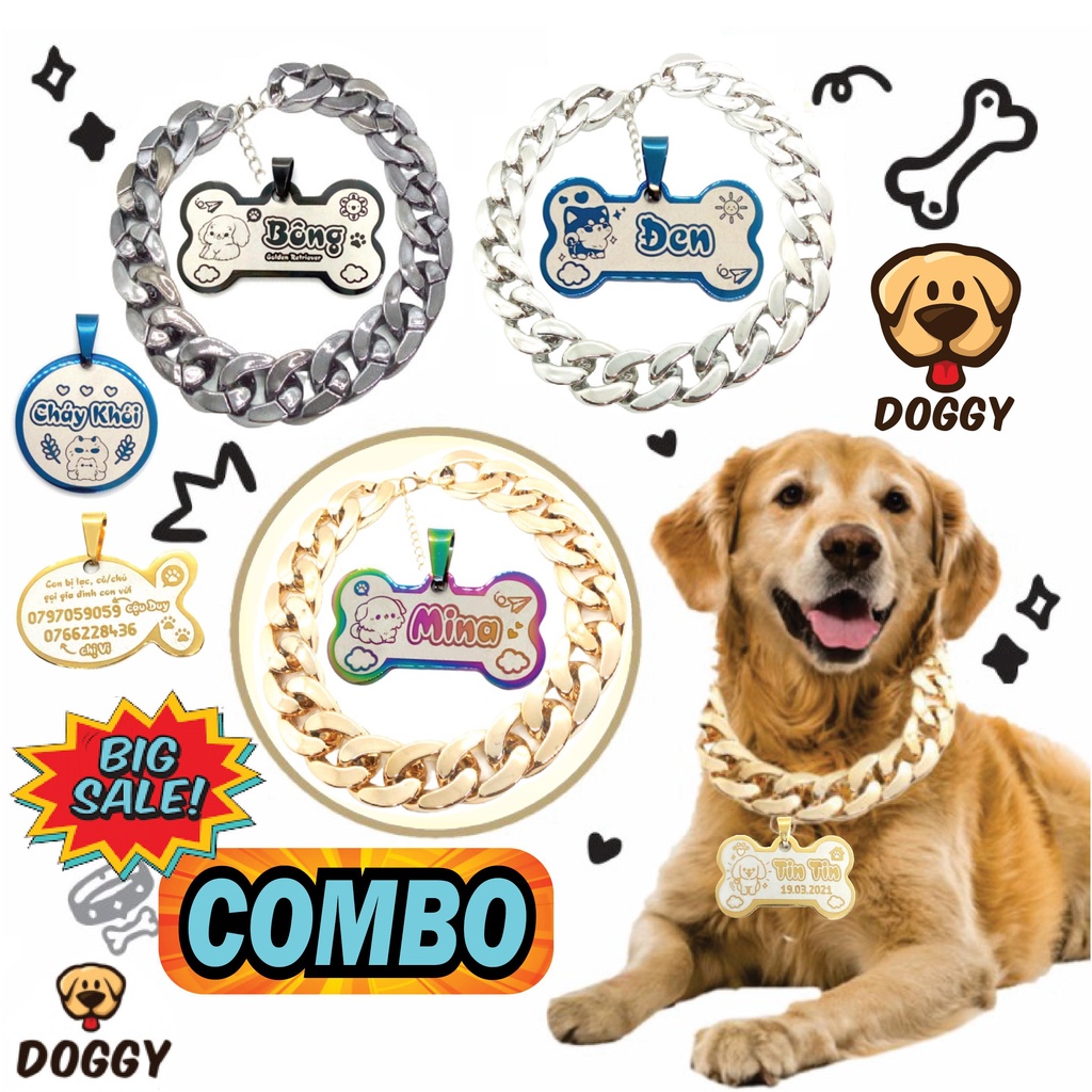 Dây Xích Plastic + Thẻ Khắc Tên - Dây chuyền, Vòng đeo cổ - Siêu nhẹ - Thời Trang cho Chó Mèo