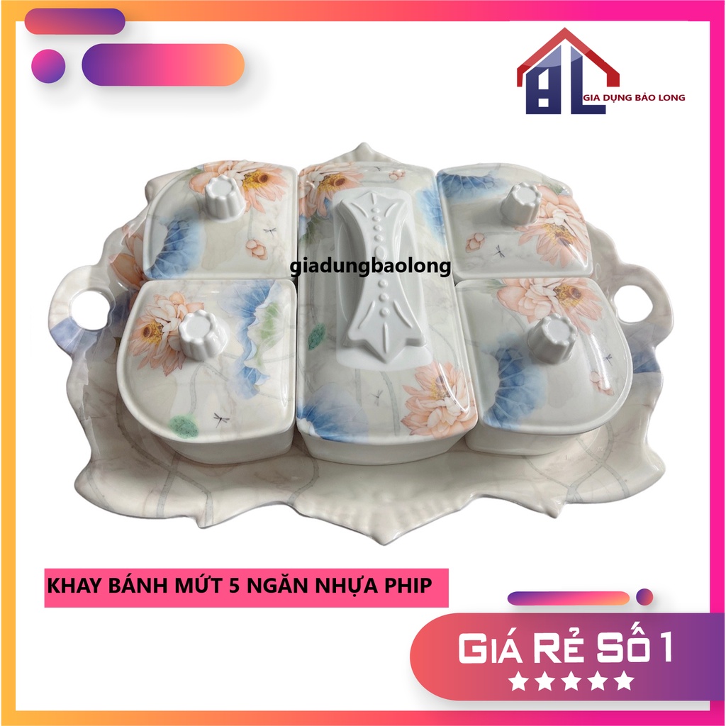 Khay đựng bánh kẹo - mứt Tết chữ nhật 5 ngăn bằng nhựa phíp có nắp cao cấp hoa văn giả đá