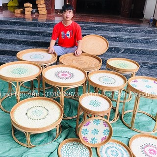 Bàn trà mây tự nhiên, Bàn trà mây tre mặt khảm trai, bàn uống trà decor vintage, Thân thiện với môi trường