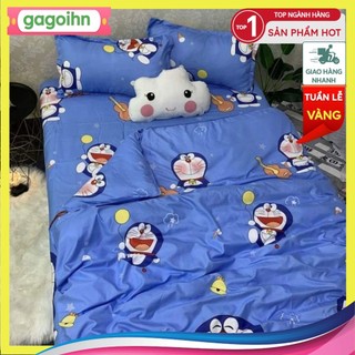 Bộ ga gối 1m2,1m4,1m6 gồm 1 ga chun 2 vỏ gối nằm cotton poly,mẫu doremon đàn
