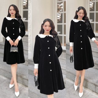 Váy nhung dài phối cổ trắng - Hàng thiết kế 2 lớp cao cấp
