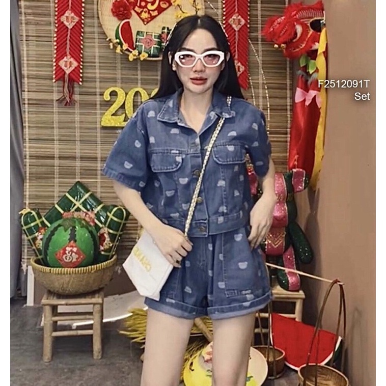 Set jean hoạ tiết gấu áo hai nắp túi kèm quần [ Kèm hình thật]