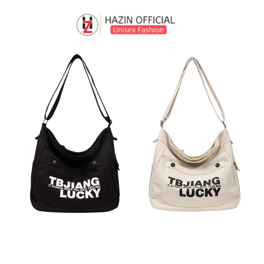Túi xách đeo chéo có quai xách HAZIN HZDC81 in chữ Lucky phong cách Hàn Quốc cho nam và nữ