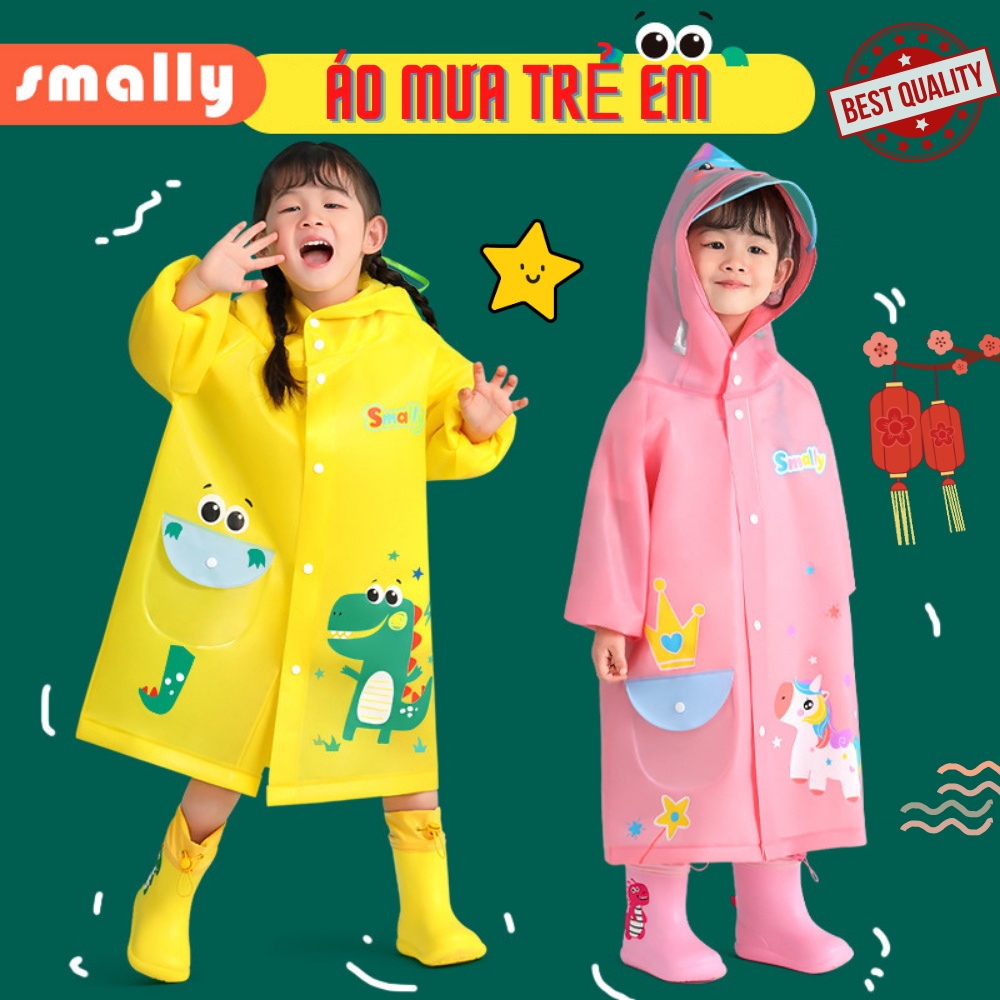 Áo mưa trẻ em cao cấp Smally (đeo được cặp, phản quang, có gờ chắn nước hắt, chống nước tốt). Áo mưa cho bé cao cấp