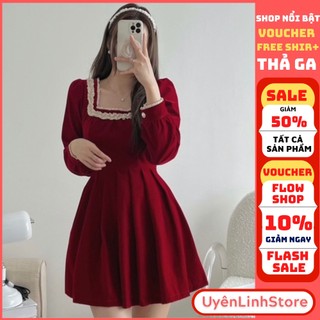 💖FREE SHIP💖 Váy nhung cổ vuông viền ren dài tay dáng ngắn xếp ly - Uyên Linh Store