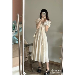Đầm midi kem xốp dọc cột nơ (Freesiz thun co dãn)