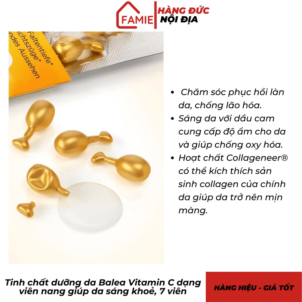 Tinh chất dưỡng da Balea Vitamin C dạng viên nang giúp da sáng khoẻ, 7 viên - Hàng Đức