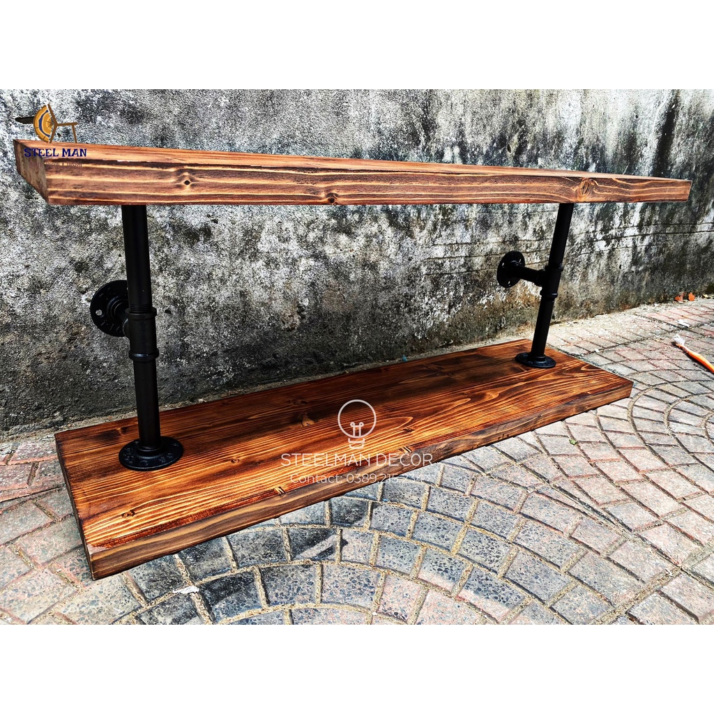 Kệ Gỗ Gắn Tường - Kệ Ống Nước Sắt, Giá Sách Decor Trang Trí Góc Làm Việc, Homestay Industrial, Quán Cà Phê Vintage