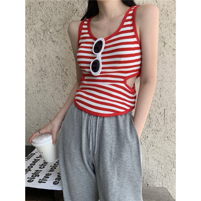 HUANG YOYO Áo Croptop Dệt Kim Sát Nách Cổ Chữ U Họa Tiết Kẻ Sọc Thời Trang Hàn Quốc 2023 Cho Nữ