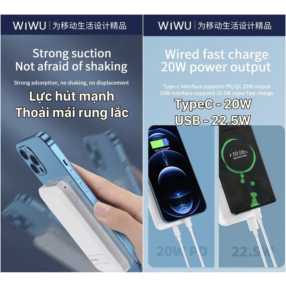 Pin Sạc dự phòng kiêm sạc ko dây cho Smart IPhone 14 Promax ,Chính hãng WIWU Snap Cube 10.000 mAh kèm kệ đỡ Siêu nhỏ gọn