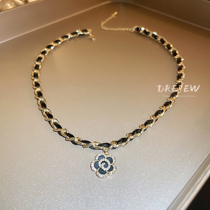 DREJEW Dây Chuyền Da Mạ Vàng Đính Đá Zircon Hình Hoa Trà Sang Trọng Cho Nữ