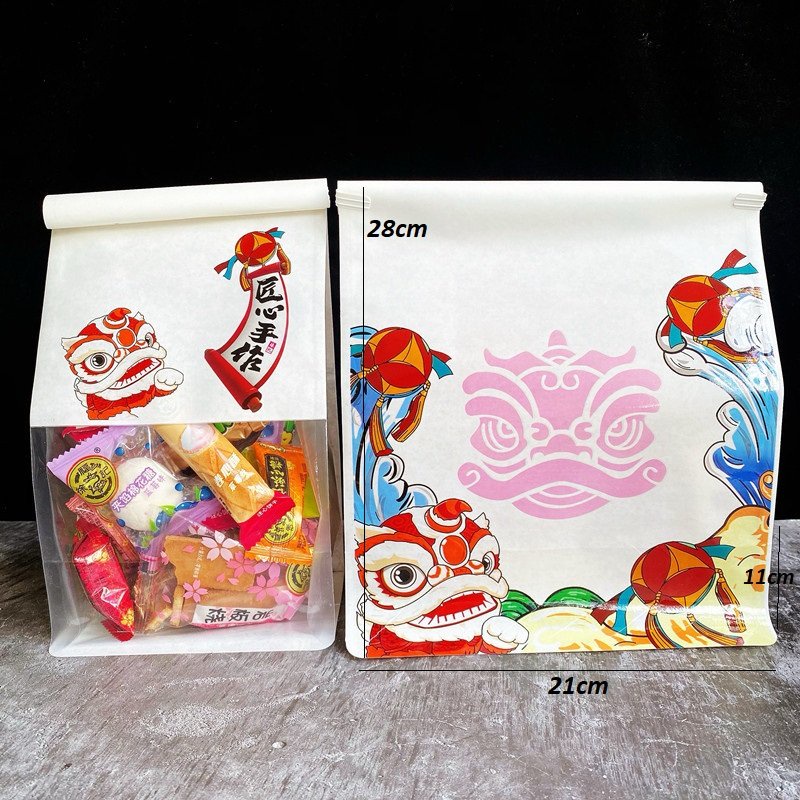 Túi dây gài màu trắng họa tiết múa lân (có 2 size)