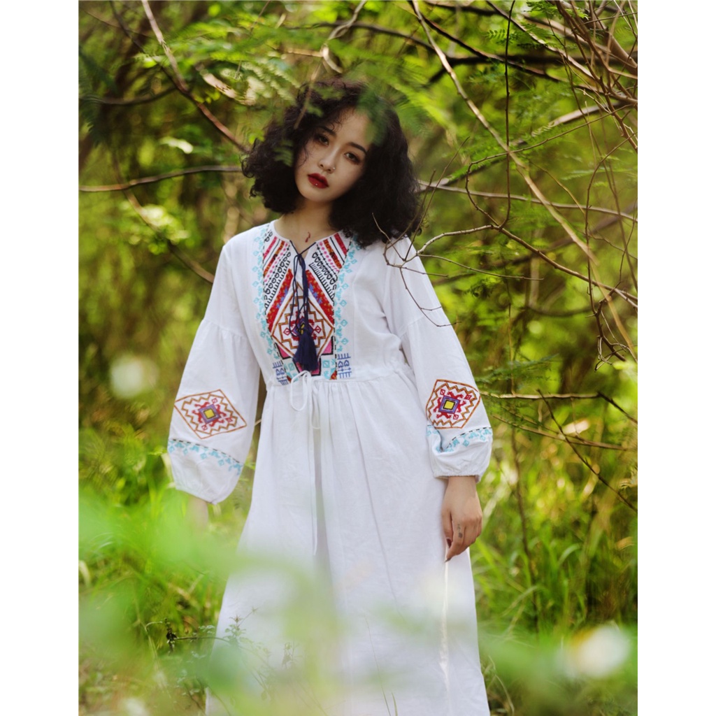 Đầm Váy Thêu Họa Tiết Hình Thoi Bohemian Dáng Dài 01 - MUOJ