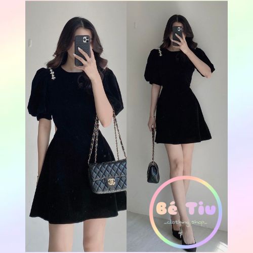Váy Đầm Nhung Khoét Vai Eo Vai Đính Đá Dáng Xòe Tay Ngắn Thời Trang Nữ Thời Thượng Sang Trọng | Bé Tiu Clothing