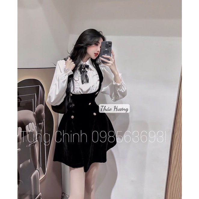 Set váy yếm nhung + áo sơ mi tay bồng tag nơ