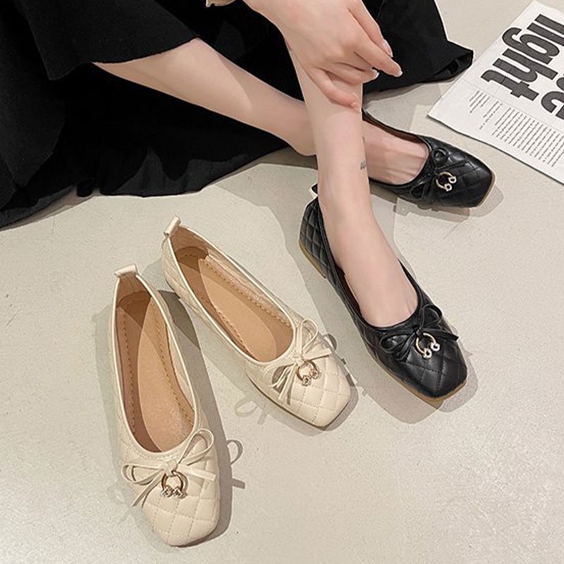 Giày Búp Bê Đế Mềm Mũi Vuông Đính Đá Thời Trang Cao Cấp Cho Nữ