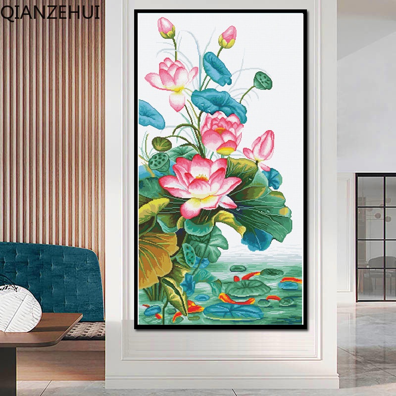 Bộ Tranh Thêu Chữ Thập 11CT DIY Hình Hoa Sen / Cá Chép / Cá Chép / Hoa Sen Chất Liệu Cotton Không Bị Rơi