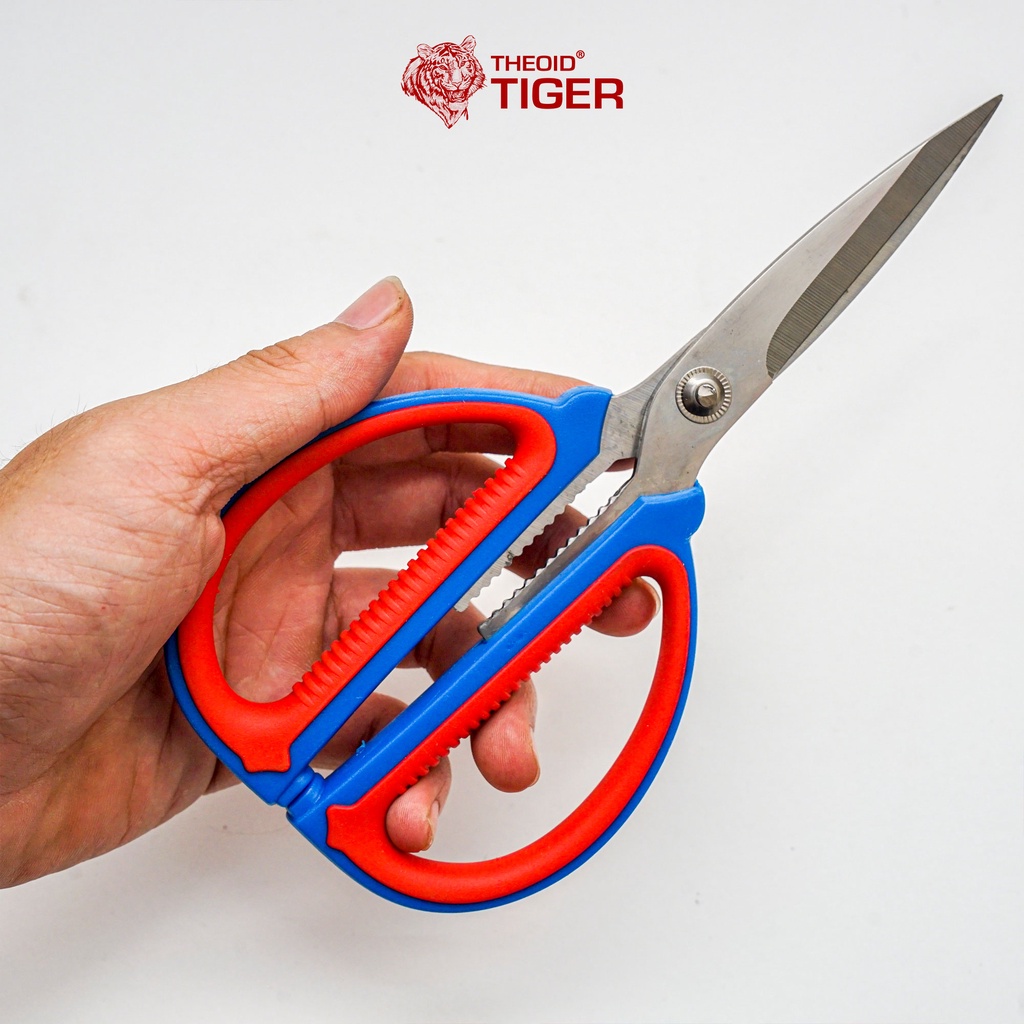 Kéo Cắt Cá Theoid Tiger Sử dụng đa năng 2 màu xanh đỏ, lưỡi kéo thép SK5