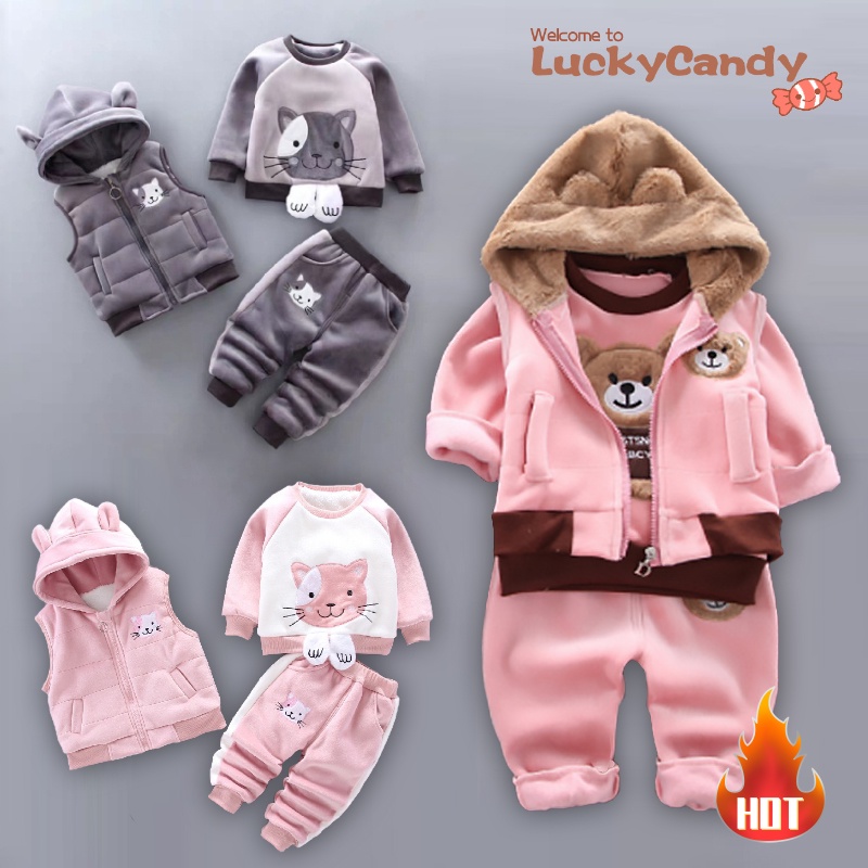 Set quần áo 3 món Luckycandy dày dặn in họa tiết hoạt hình giữ ấm mùa đông cho bé 0-3 tuổi