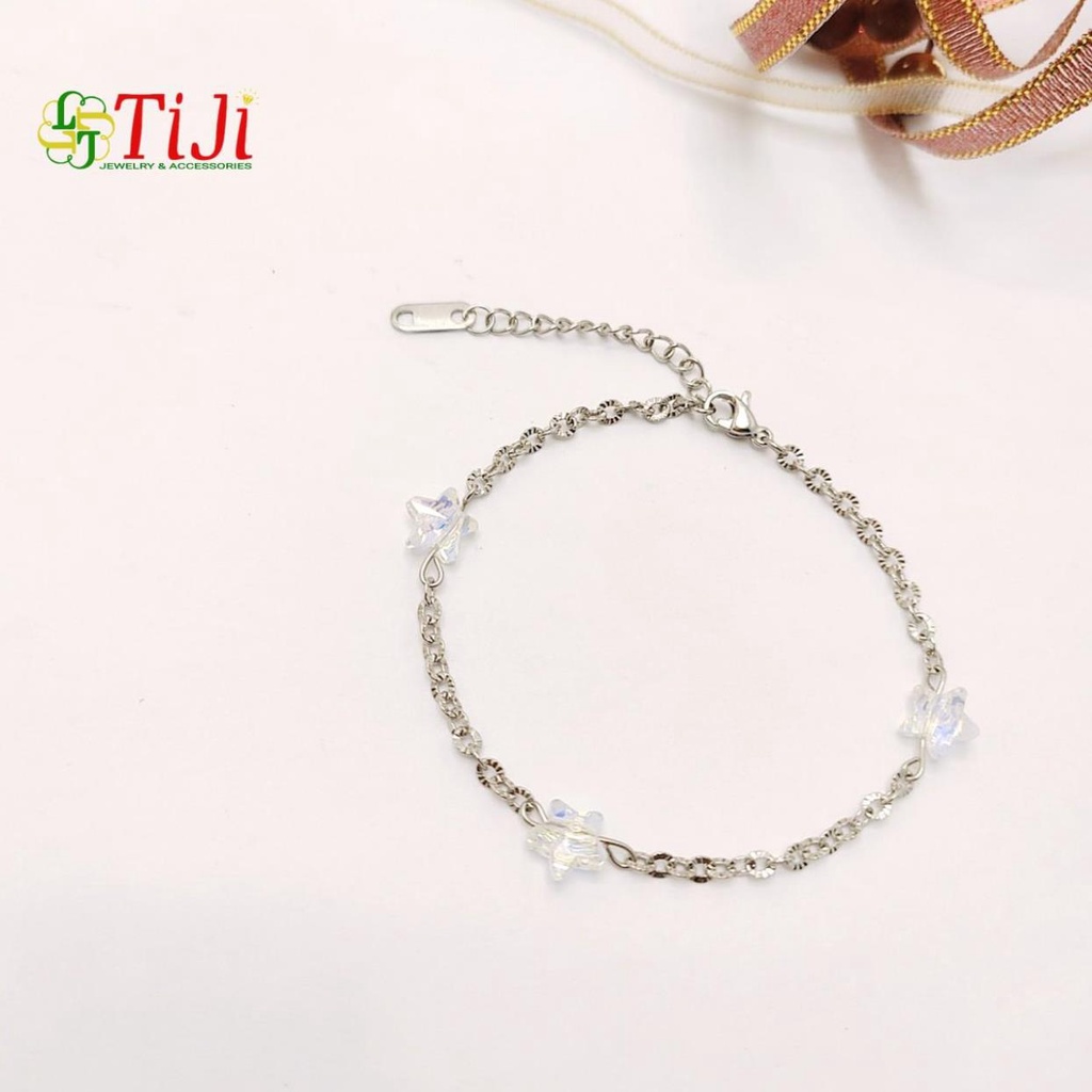 Lắc tay inox chạm chiếu xỏ ngôi sao pha lê sáng đẹp không đen không gỉ sét