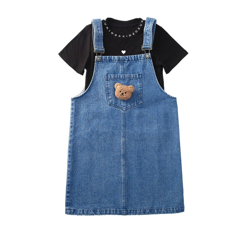 Bộ Áo Thun Dáng Rộng + Váy Yếm Denim Thời Trang Cho Bé Gái 3-5 - 8-10 - 14 Tuổi Váy dây đeo màu xanh