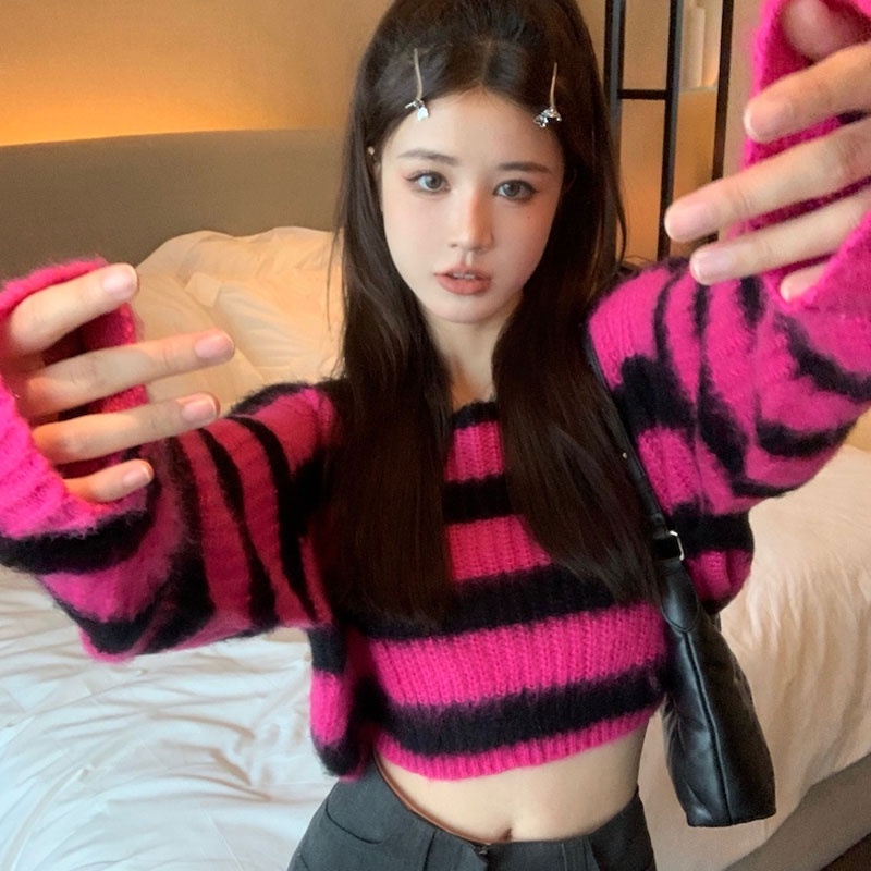 Áo Dệt Kim Tay Dài Cổ Tròn Họa Tiết Kẻ Sọc Thời Trang Hàn Quốc Cho Nữ