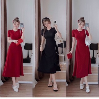 🌹 Đầm maxi thun lên gân form body cổ tròn tay ngắn (có 2 màu đỏ và đen)🌹