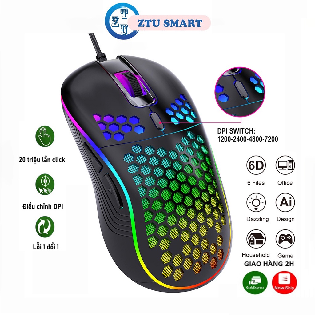 Chuột máy tính có dây ZTU Smart D4 giá rẻ gaming văn phòng 7200DPI công thái học dạng lưới tản nhiệt.